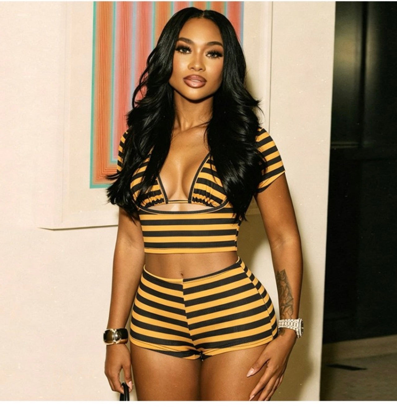 Stripe three piece short set